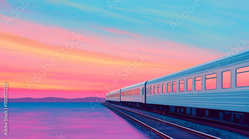 Sleek train gliding along tracks at sunset, vibrant sky reflecting on water, scenic journey. photo