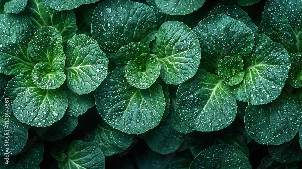 Fototapeta premium Fresh green cabbage leaves with morning dew drops in a garden setting