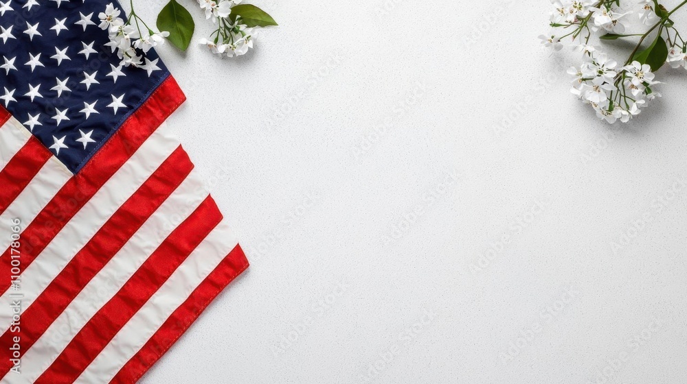 Obraz premium A photostock of the American flag waving gently against a clean white background, ideal for patriotic or national celebration designs. High Quality