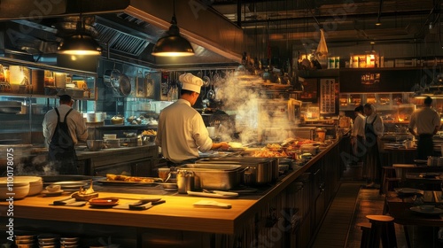 A busy restaurant kitchen with a chef cooking food. The atmosphere is lively and bustling. There are several people working in the kitchen, including the chef, and various utensils
