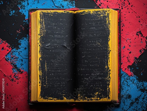 A worn, open book with yellowed edges rests on a vibrant, multicolored surface, highlighting its aged pages and unique textures. photo