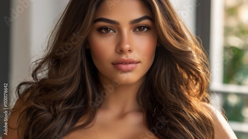 Brunette italo-colombian woman , slightly fleshy, long silky hair, warm caramel tone, full lips, brown eyes, plump dimples on her cheeks, êtes detail, sexy, overall plan