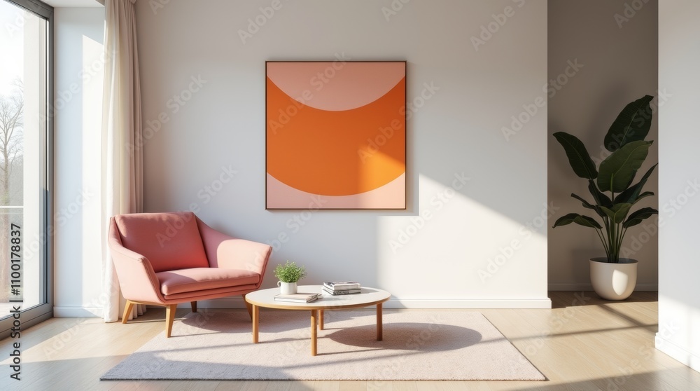 Fototapeta premium Minimalist interior design of modern living room. Stylish modern room featuring a pink armchair, abstract orange wall art and minimalist decor with natural light