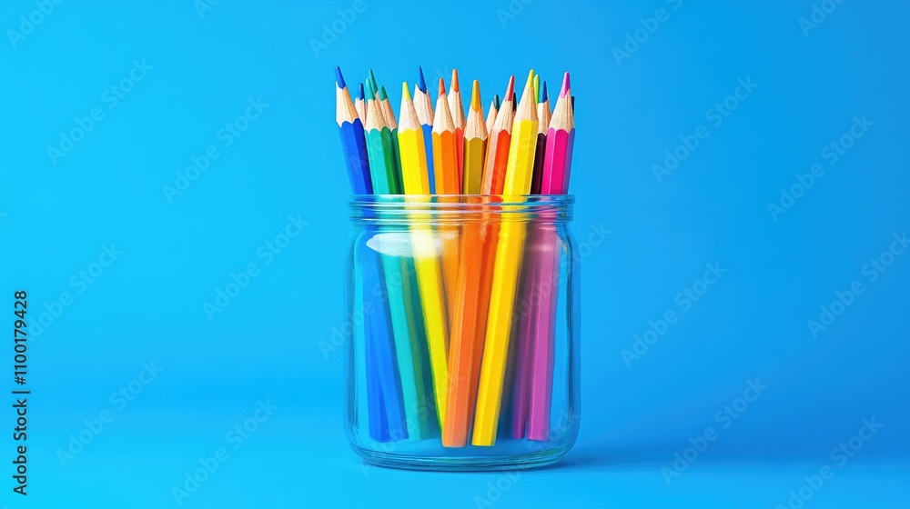 Fototapeta premium Colorful Pencils in Glass Jar on Bright Blue Background