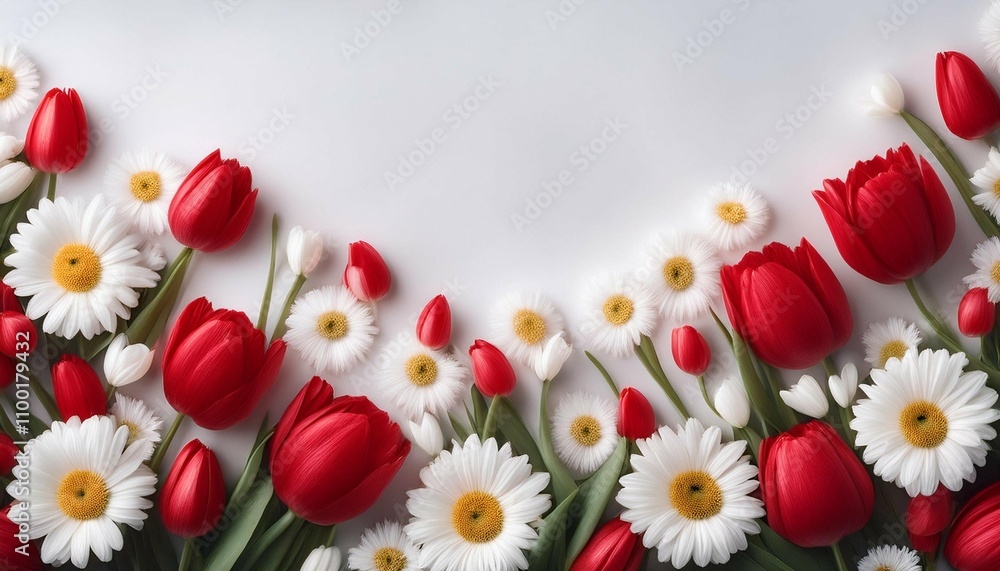 Obraz premium floral background with red and white tulips and daisies