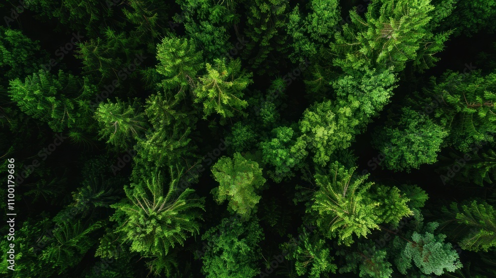 Aerial view of a dense green forest landscape with many trees in summer ...