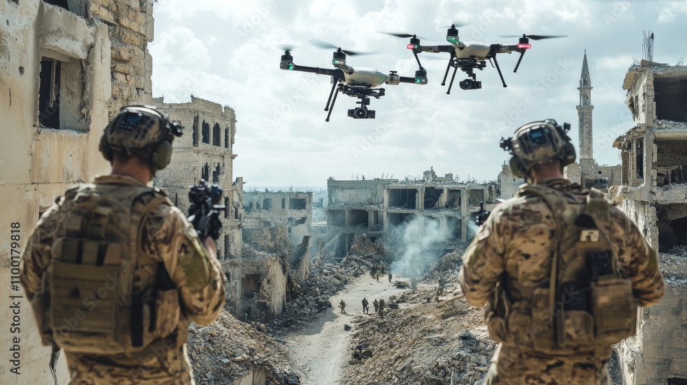Aerial drones capturing live images of soldiers advancing in a ruined city Aerial drones capturing live images of soldiers advancing in a ruined city