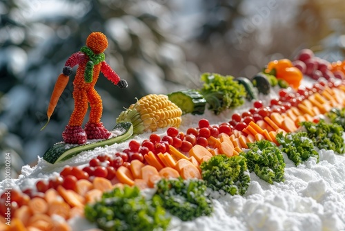 An athletic human silhouette crafted from vegetables, featuring carrot legs, a bell pepper torso, and corn cob arms, strikes an action pose while snowboarding down a vivid, snowy mountain slope.