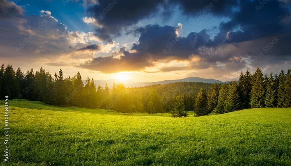 Naklejka premium green grass and forest with beautiful clouds at sunset