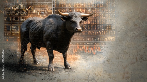 A bull standing majestically, blended with an image of trading screens filled with positive numbers.Double Exposure.[Stock Market New High]:[Bull]  photo