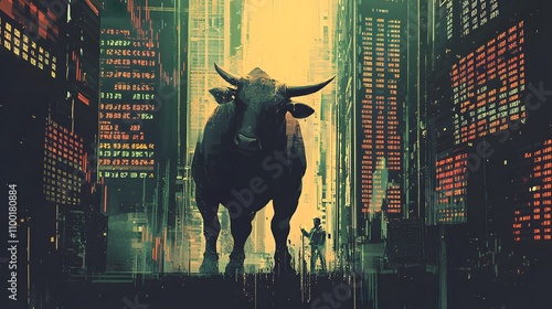 A bull standing majestically, blended with an image of trading screens filled with positive numbers.Double Exposure.[Stock Market New High]:[Bull]  photo