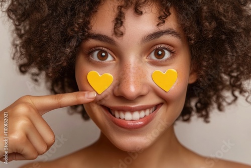 A woman with two heart-shaped paintings on her face, suggesting duality or balance photo