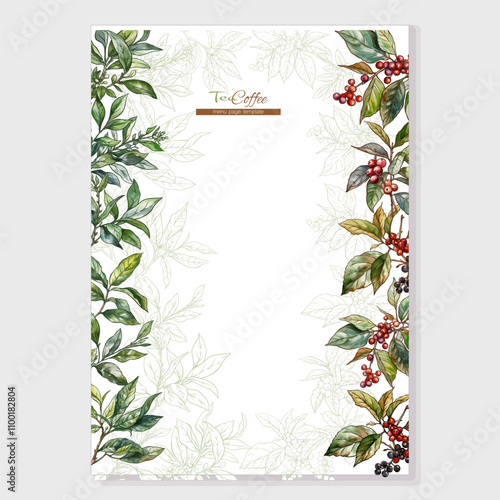 Green tea branch with leaves Coffee tree. Branch with leaves and berries. Border, frame, template for menu page, product label, cosmetic packaging. Vector illustration. In botanical style