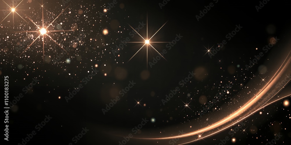 Fototapeta premium Golden light streaks across a dark background, sparkling with stardust.