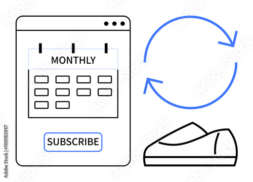 Webpage with calendar marked Monthly and subscribe button, alongside shoe icon and circular arrows. Ideal for e-commerce, fashion, subscription services, digital marketing, rental services, online