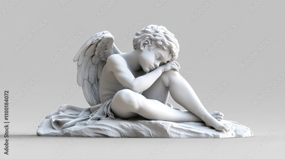 Fototapeta premium A serene sculpture of a seated angelic figure, conveying emotions of rest and contemplation, Ideal for art projects, religious themes, or as a decorative element in various creative works,