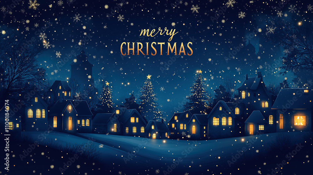Fototapeta premium Merry Christmas inscription on dark background with highlights and bokeh