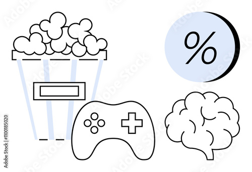 Popcorn bucket, game controller, brain, and percentage sign symbols depicting entertainment, gaming, cognitive development, and statistical analysis. Ideal for marketing, education, leisure, data