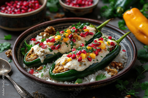 Chiles en Nogada with Walnut Sauce and Vibrant Pomegranate Garnish photo