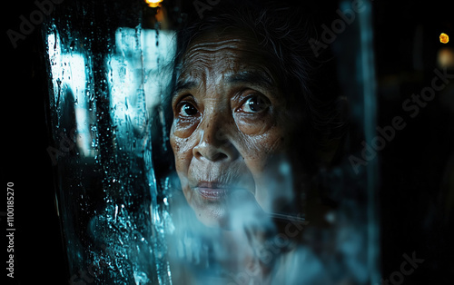 An Intimate Portrait Capturing the Depth of Human Emotion Through a Rain-Drizzled Window, Reflecting Life's Resilience and the Story Beneath Each Wrinkle.Feminism and Women's Rights Movements