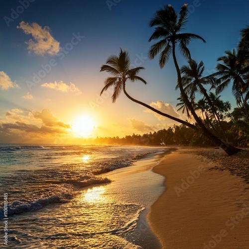 beautiful sunrise over tropical beach and palm trees in dominican republic