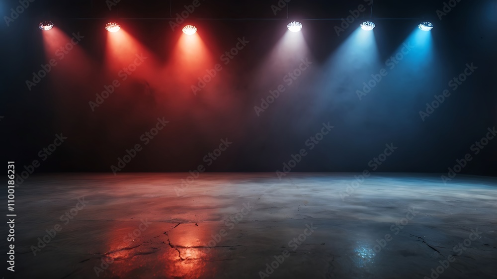 Obraz premium Empty studio dark room with fog and colorful lighting effect
