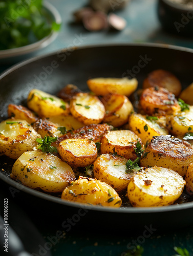 Crispy herb potatoes in a pan: delicious golden slices with seasonings and fresh herbs