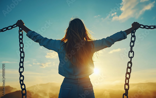 Embracing Freedom: A Powerful Silhouette Against a Sunrise, Symbolizing Hope and Resilience on a Journey of Self-Discovery and Empowerment. Feminism and Women's Rights Movements.