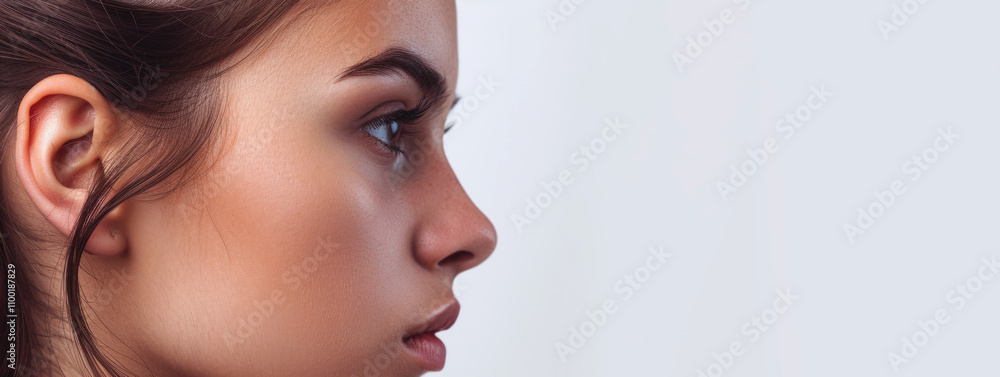 Obraz premium young girl with clear skin in profile on a Light background close-up Generative AI