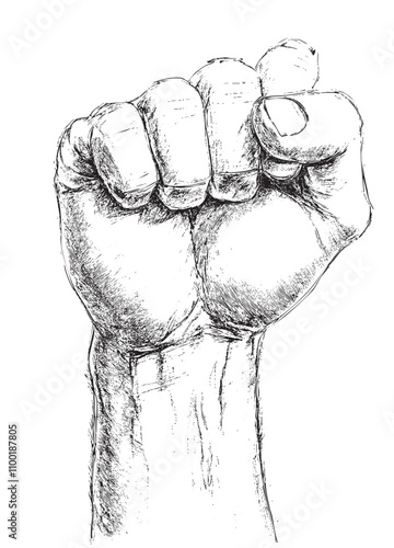 Fist illustration set, hand, solidarity, resistance, hand-drawn clenched fist graphics. High-quality black-and-white sketch fists. Protest, activism. Vector.