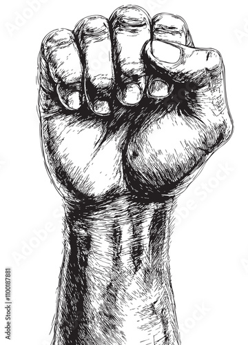 Fist illustration set, hand, solidarity, resistance, hand-drawn clenched fist graphics. High-quality black-and-white sketch fists. Protest, activism. Vector.