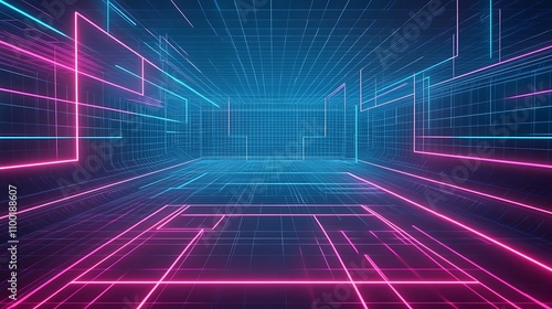 Neon pink and blue grid pattern creating a vibrant digital environment with depth and perspective