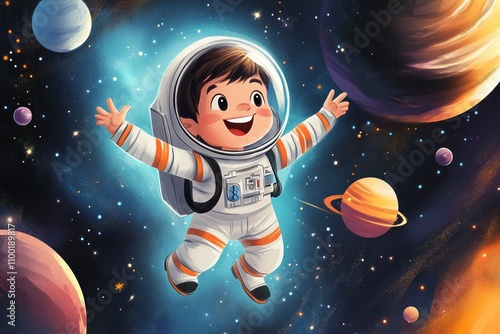 Wallpaper Mural  kids ebook of space theme little boy in astronaut suit flying in the space and seeing stars and planets.. happy and having fun Torontodigital.ca