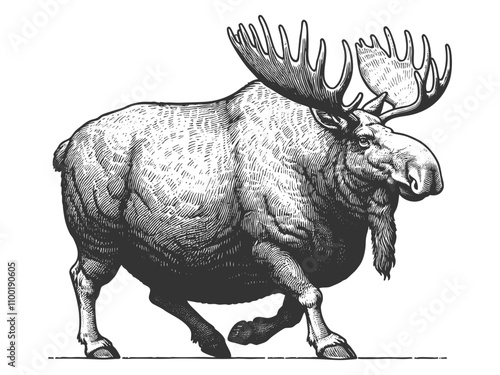 Fat body positive moose with exaggerated proportions, intricate antlers and textured fur in a bold style sketch engraving generative ai vector illustration. Scratch board. Black and white image.