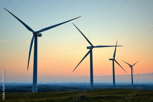 hyper realistic photo of  Aberdeen Windfarm in front of Dusk Sky , isolated on white background,  , copy space, copy space for text, photo