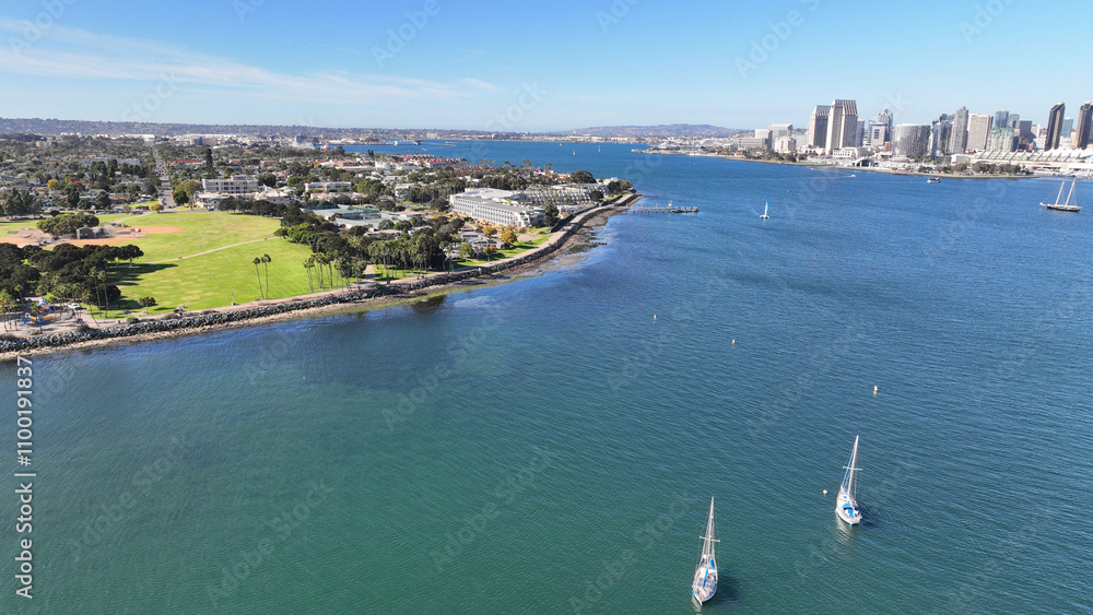 Obraz premium Aerial drone photo of San Diego skyline as seen from Coronado island, California, United States of America