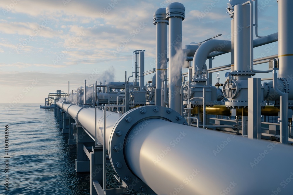 A long pipe is connected to a pier and is surrounded by water A long pipe is connected to a pier and is surrounded by water