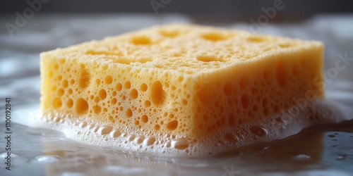 Close-up image capturing the intricate texture and details of a sponge covered in soapy bubbles, highlighting its porous structure and cleaning properties photo