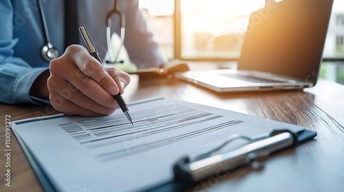 Insurance premium health concept. A healthcare professional completes paperwork at a desk with a laptop, highlighting the importance of documentation in medical practice. photo