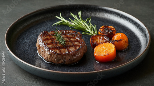Grilled alpaca steak on a ceramic plate with roasted vegetables
