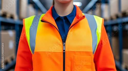 Woman in bright orange safety vest, prioritizing visibility and protection in the workplace photo