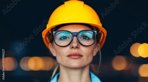 Woman in hard hat and glasses, prioritizing workplace safety professional expertise in an industrial setting photo