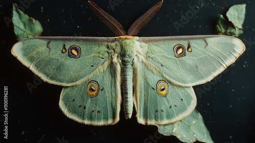 Beautiful luna moth on leaves with intricate patterns and vibrant colors photo