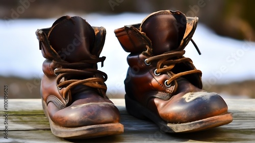 Worn Brown Leather Boots Resting On Wood photo