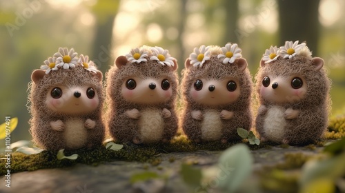 The image shows four adorable, cartoon-like hedgehogs standing in a row on a mossy surface. Each hedgehog has large, shiny eyes and a small, round nose