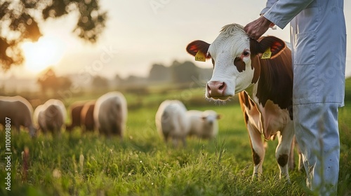 veterinarian checking a cow in a green pasture, soft natural lighting, farm animals like sheep and chickens in the background, 16:9 photo