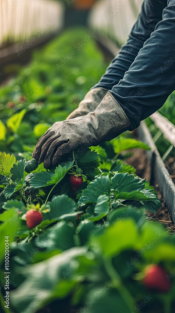 Fototapeta premium Fresh Strawberries Being Harvested in a Greenhouse
