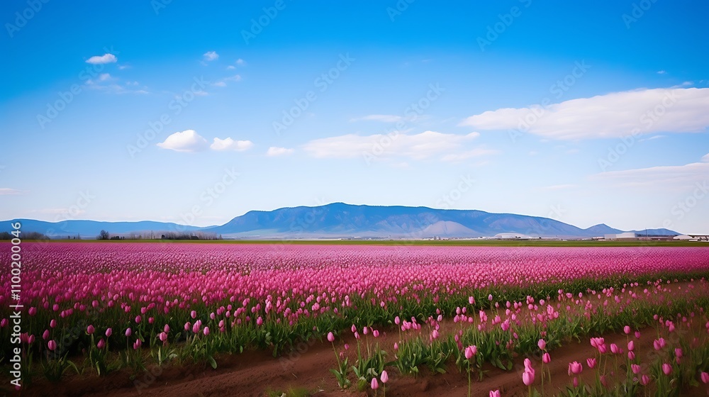 Obraz premium Pink Tulip Field Under a Blue Sky With Mountains
