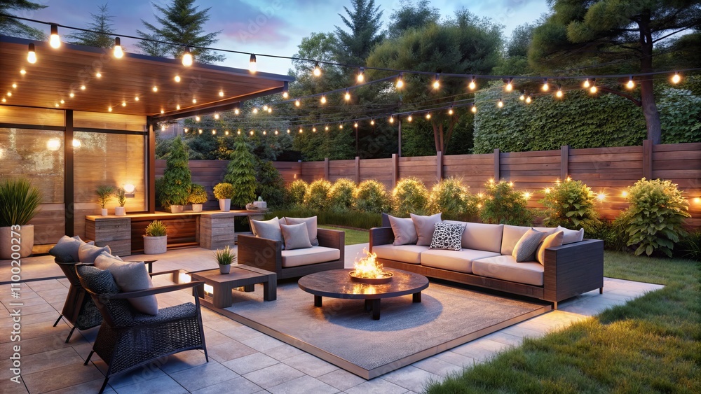 Cozy Outdoor Patio with Fire Pit and String Lights, Patio Design , Backyard Decor , Outdoor Living , Fire Pit Cozy Outdoor Patio with Fire Pit and String Lights, Patio Design , Backyard Decor , Outdoor Living , Fire Pit