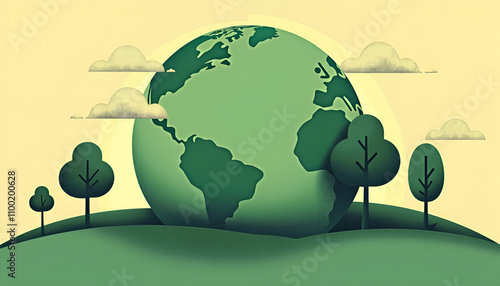 Green Earth globe with trees and clouds on a soft yellow background for environmental illustration